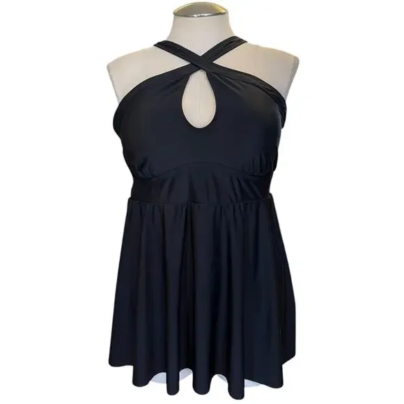 black button up t shirt dress Dolfin Women's Aquashape Solid Wrap Halter Swim Dress - Black